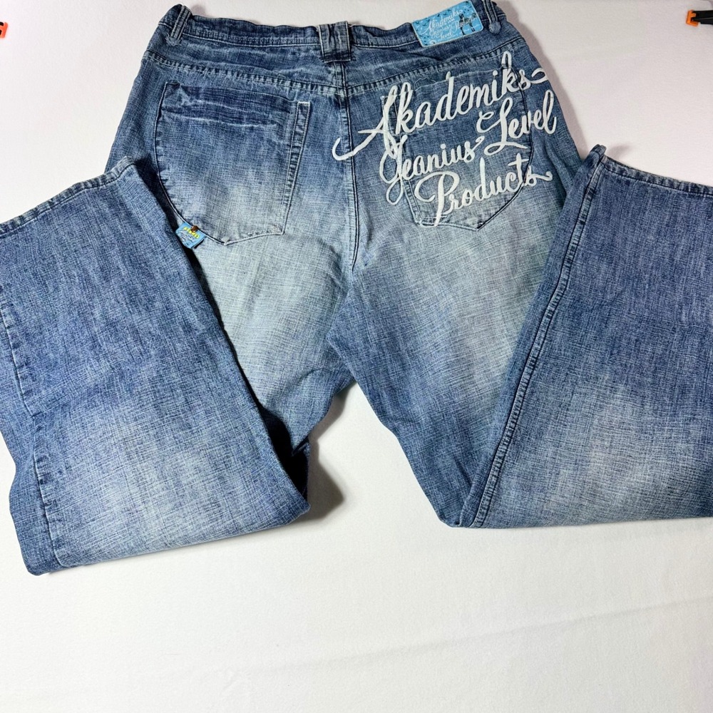 Akademiks Jeanius Level Products Jeans 38 Blue Cotton Baggy Y2K Embroidered Logo